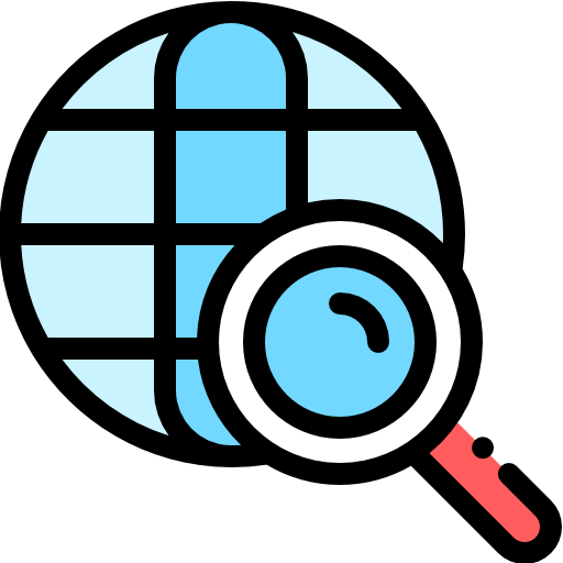 magnifing glass icon over internet planet icon